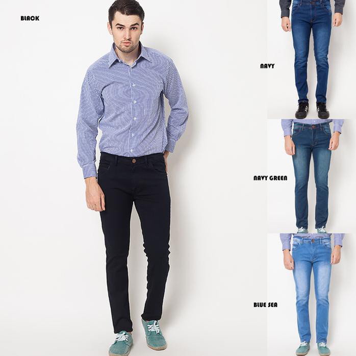 Promo!! Celana Jeans Panjang Pria Ripped Skinny Stretch Cowok Blue Sea - Navy, 35