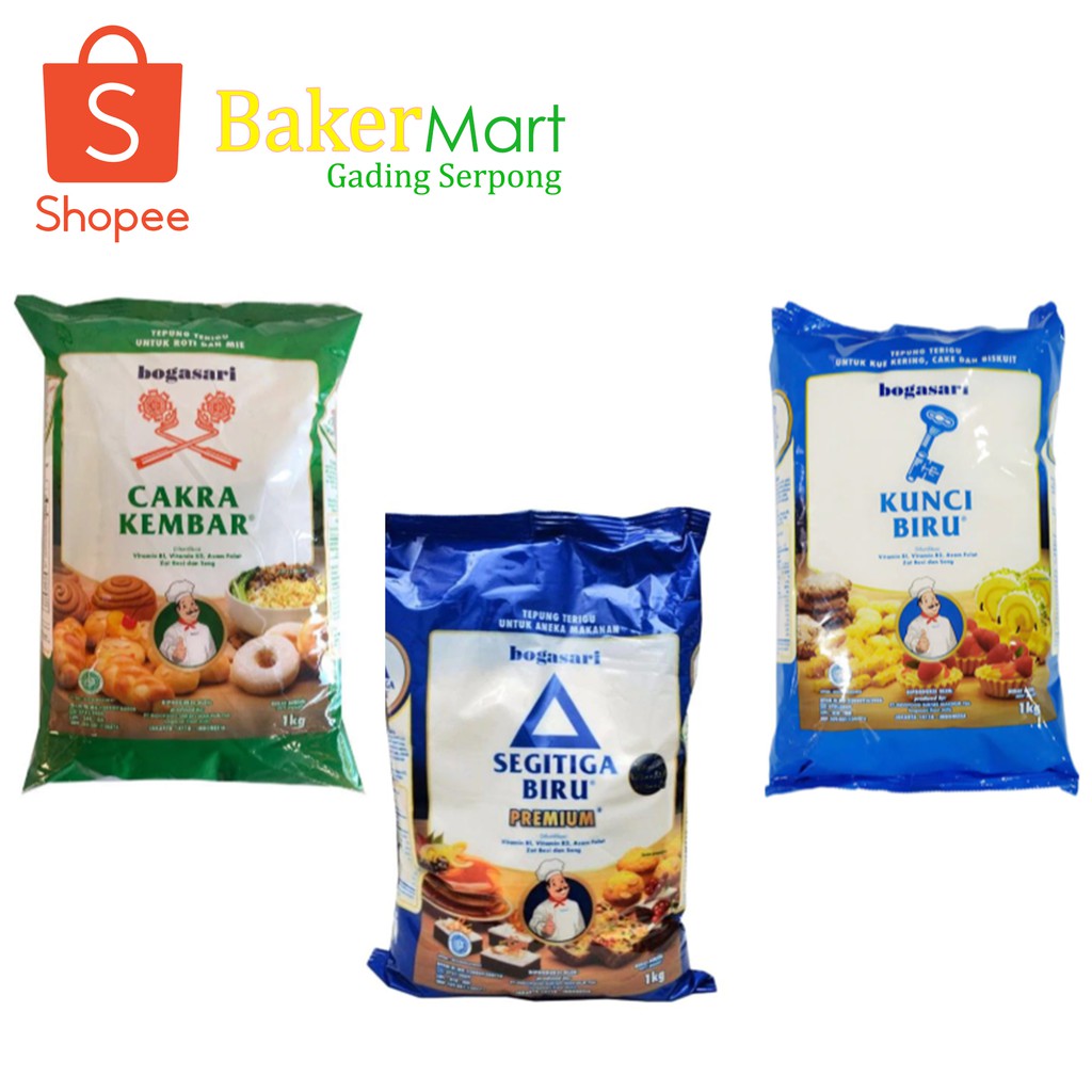 

Tepung Bogasari/ Kunci Biru/ Segitiga Biru/ Cakra Kembar Premium 1Kg