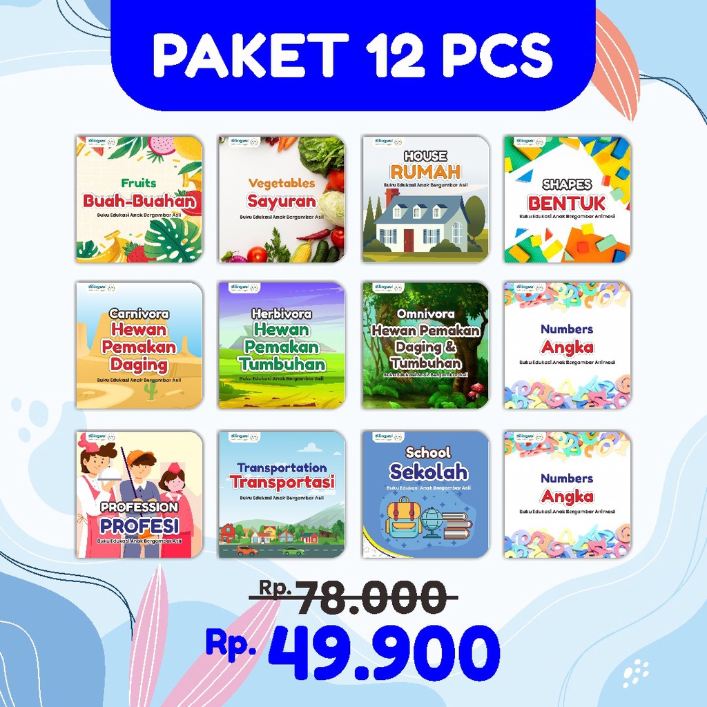 PAKET 12 PCS BUKU MINI BOOK PENGENALAN PENGETAHUAN BILINGUAL ANIMASI EDUKASI ANAK BAYI PAUD