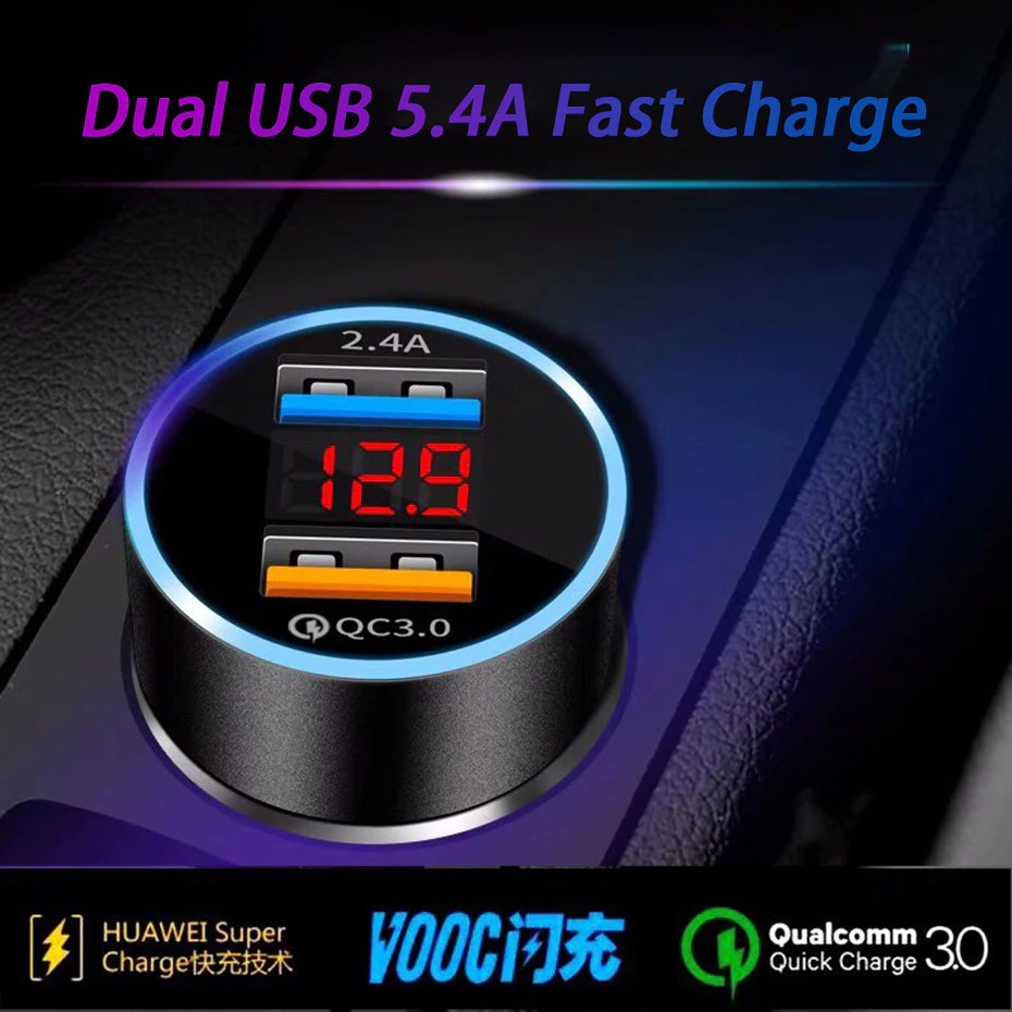 Charger Mobil Dual USB Port QC3.0 2.4A LCD Display - LE001 - Black