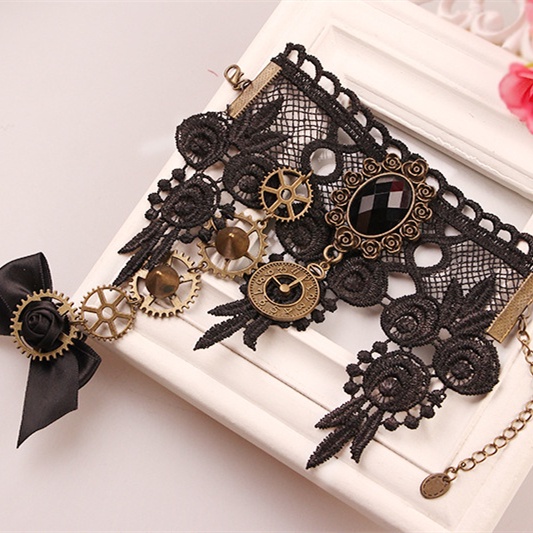 Gothic Steampunk Bracelet with Ribbon Chain Ring 8508