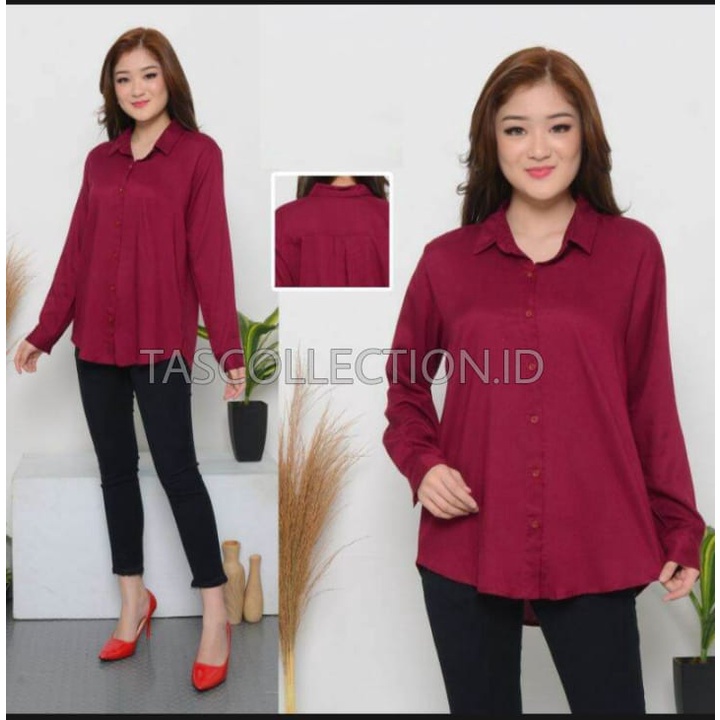 Kemeja wanita Basic lengan panjang bahan Moscrepe-MAROON