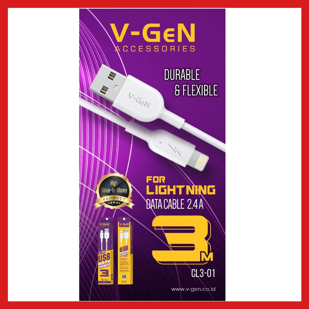 Kabel Data Lightning V-GeN CL3-01 Kabel iPhone 2.4A VGEN USB 3 Meter