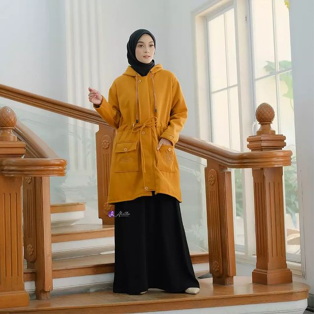 Jaket Panjang Outer Wanita Muslimah Hijab Hoodie Terbaru Kekinian-Mustard