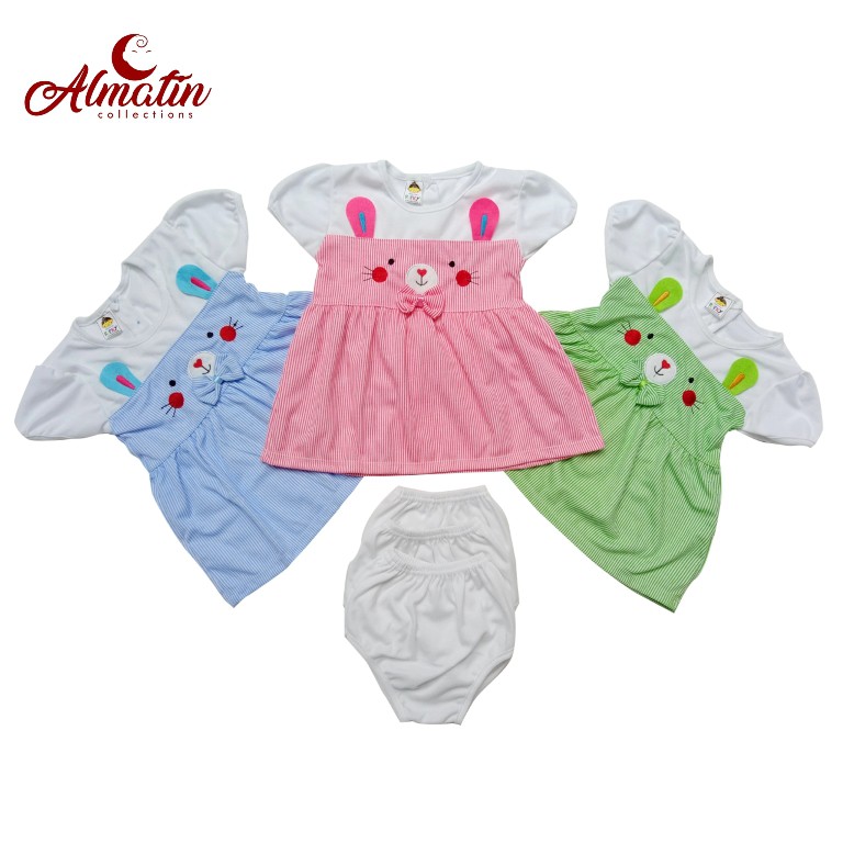 Setelan Baju Bayi Perempuan / 3Dress Anak Karakter Lucu / Dress Anak Bayi Motif Rabbit Salur (3STEL)