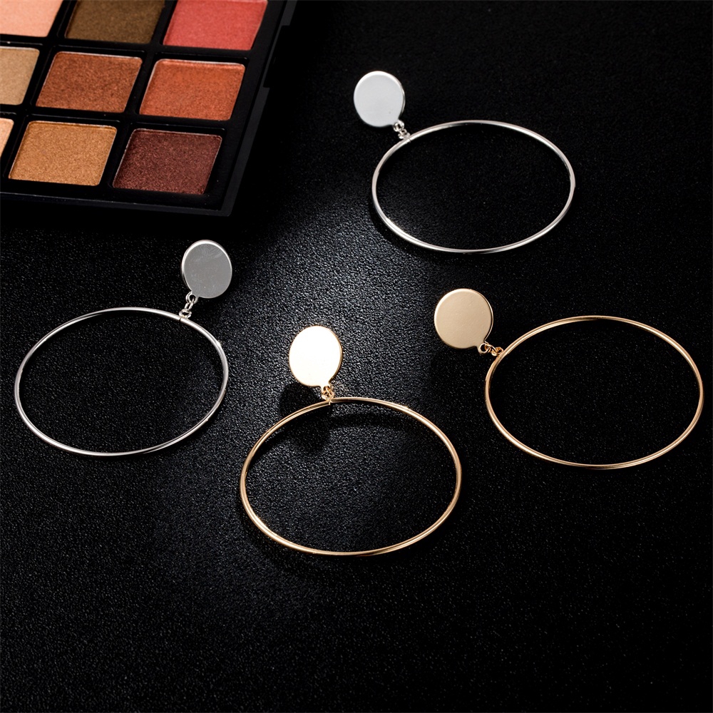 Anting Tusuk Gantung Desain Geometri Bulat Besar Hollow Warna Gold/Silver Gaya Korea/Simple Untuk Wanita