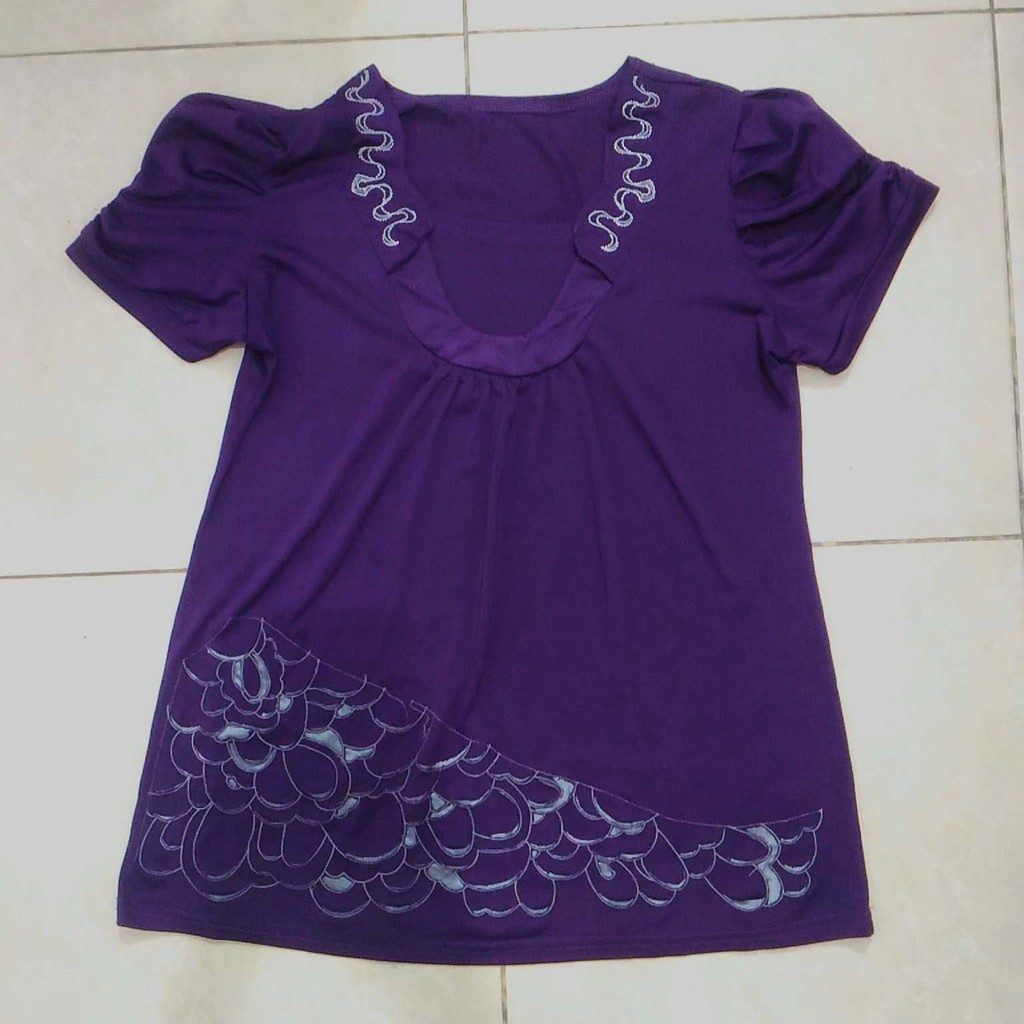 Blouse Blus Baju Atasan Wanita Dewasa Ibu Lengan Pendek Ungu Cutting Bekas Second Preloved Murah