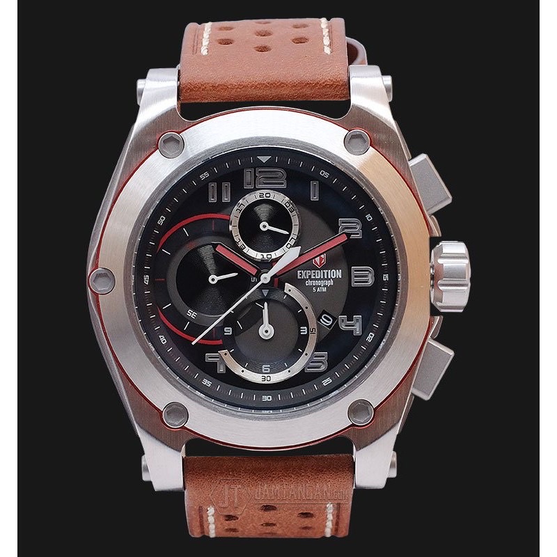 Jam Tangan Pria Expedition EXF-6395- Black Dial Brown Leather Strap