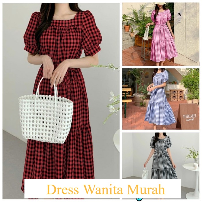 Baju Dress Wanita Korea Casual Midi Dres  Kotak Margaret
