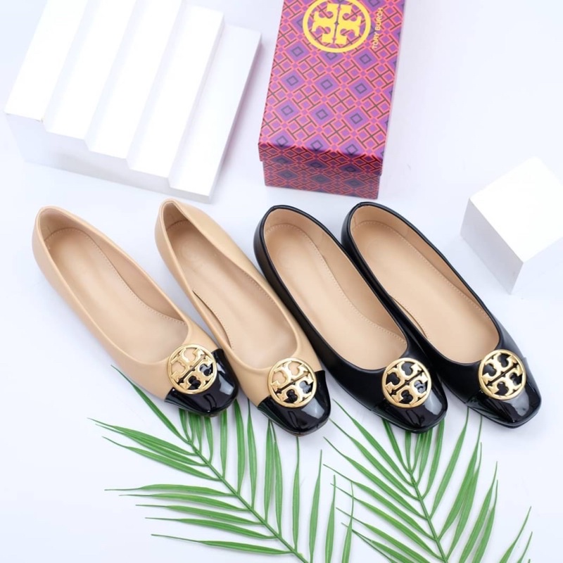 Sepatu Kulit Teplek Datar Wanita TB Leather Flat Shoes Premium Import Hitam Black Krem Apricot Beige