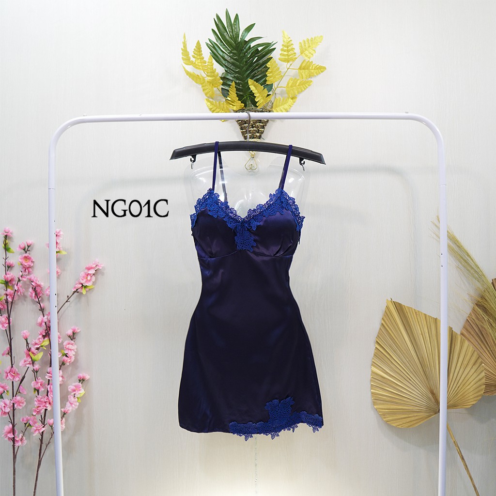 [PALING MURAH] NIGHTGOWN BAJU TIDUR WANITA DEWASA LINGERIE SEXY SATIN NAVY NG01C