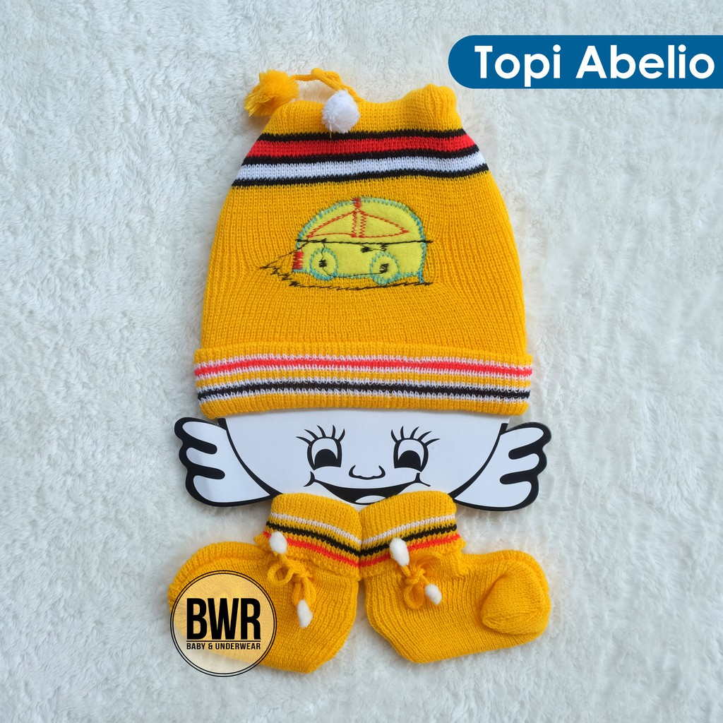 Topi Rajut Bayi ABELIO | Perlengkapan Topi Bayi + Sarung Kaki Rajut - Bwr VII