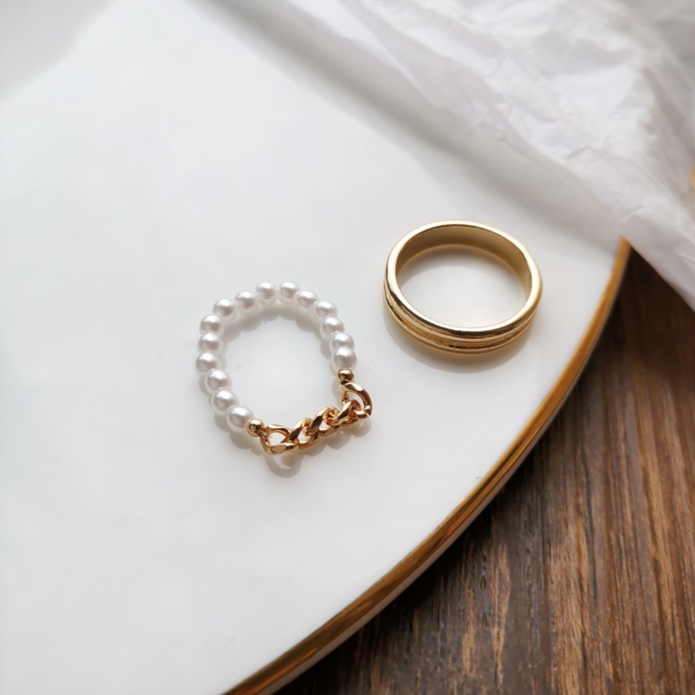 Two-piece Pearl Finger Ring Temperament Korean Rings Female Fashion Ring Plain Ring Sweet Chain