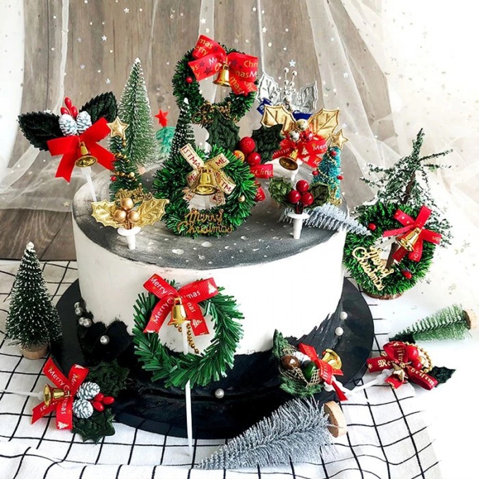 Hiasan Kue Natal Cake Topper Christmas Xmas Decoration Christmas Tree Wreath Mistletoe Pudding Cupcake Hiasan Pita Babymaniashop