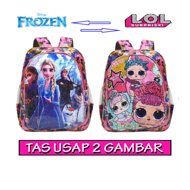 APPA Tas Ransel Anak Prempuan Sekolah TK/SD Sequin Usap 2 Gambar Berubah Karakter FROZEN- FROZEN