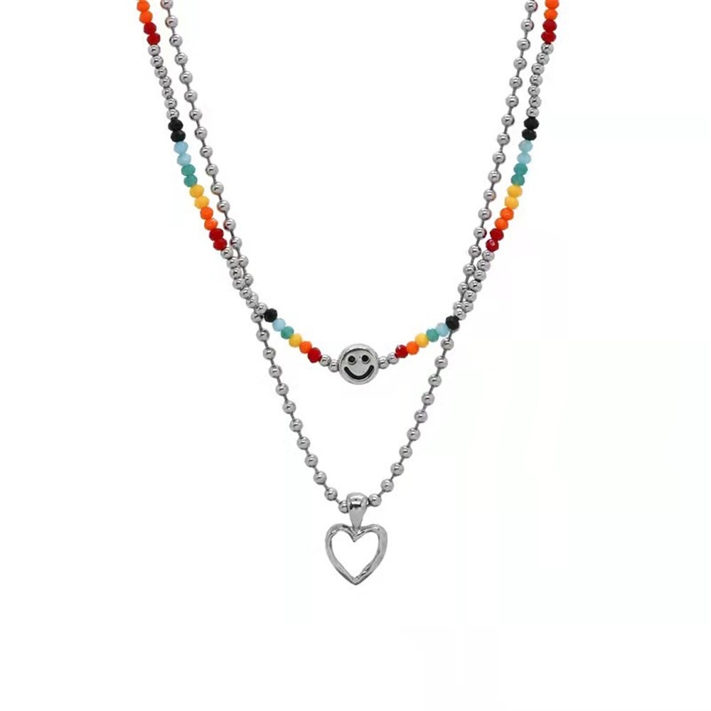 2pcs Kalung Rantai Klavikula Liontin Manik-Manik Hati Pelangi Gaya Korea Untuk Wanita