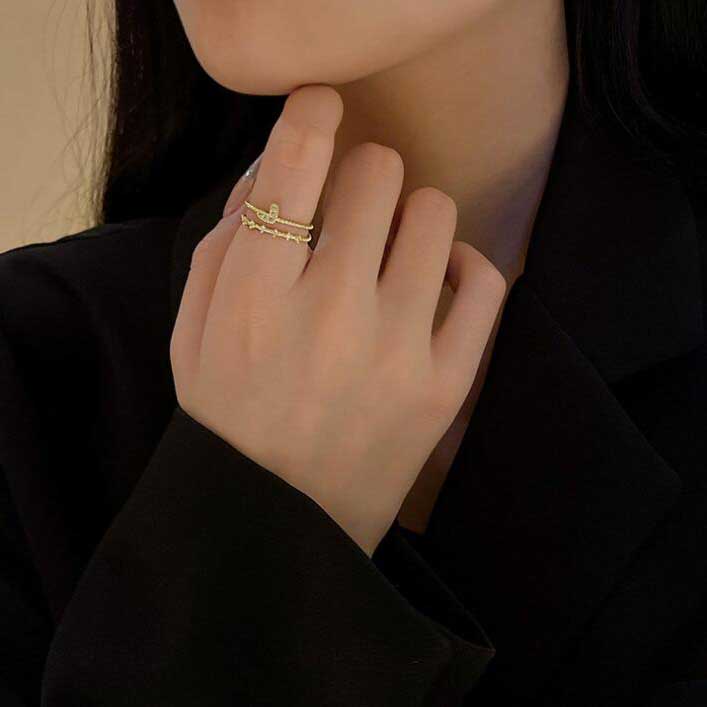Korea Sederhana Cincin Terbuka Emas Mawar Perak Berlian Hati Cinta Lapisan Ganda Untuk Wanita Perhiasan Fashion Cincin Pertunangan Pernikahan Ukuran Teleskopik