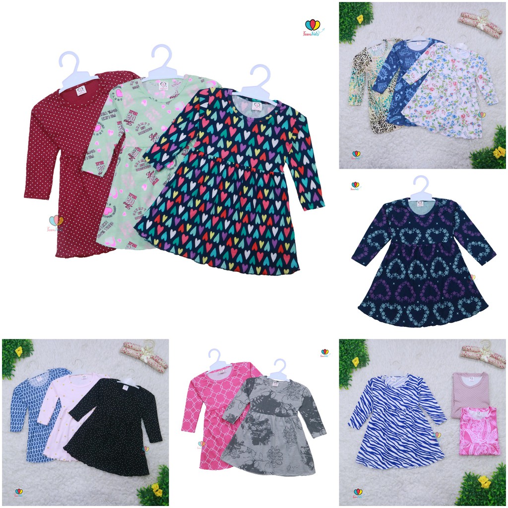 Dress Azizah 3-4 Tahun / Dres Anak Lengan Panjang Baju Harian Perempuan Fashion Kids Motif Adem