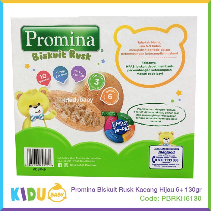 Promina Biskuit Rusk Susu Beras Merah Kacang Hijau 6+ 130gr Biskuit Cemilan Bayi MPASI Kidu Baby