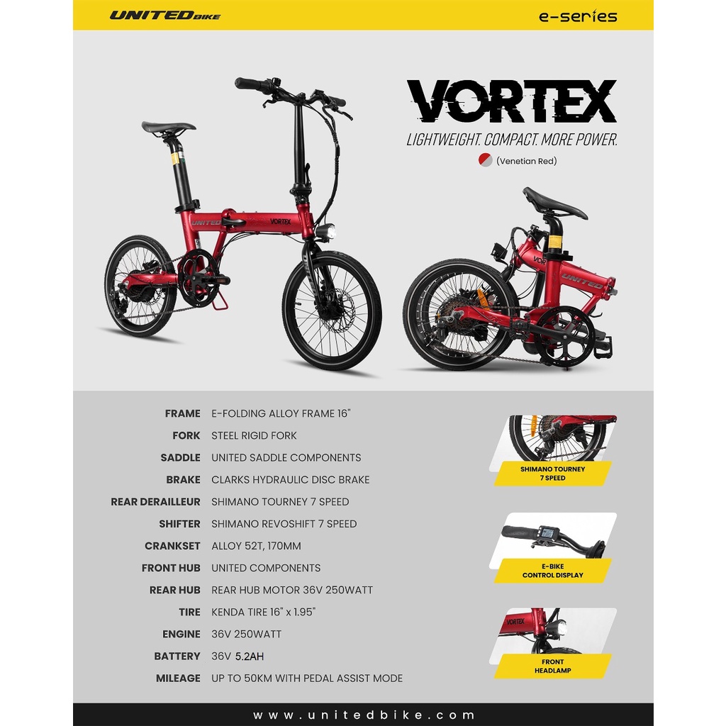 Sepeda Lipat United Listrik VORTEX E-bike Folding 16 Inch United 7 Speed Garansi SNI-8