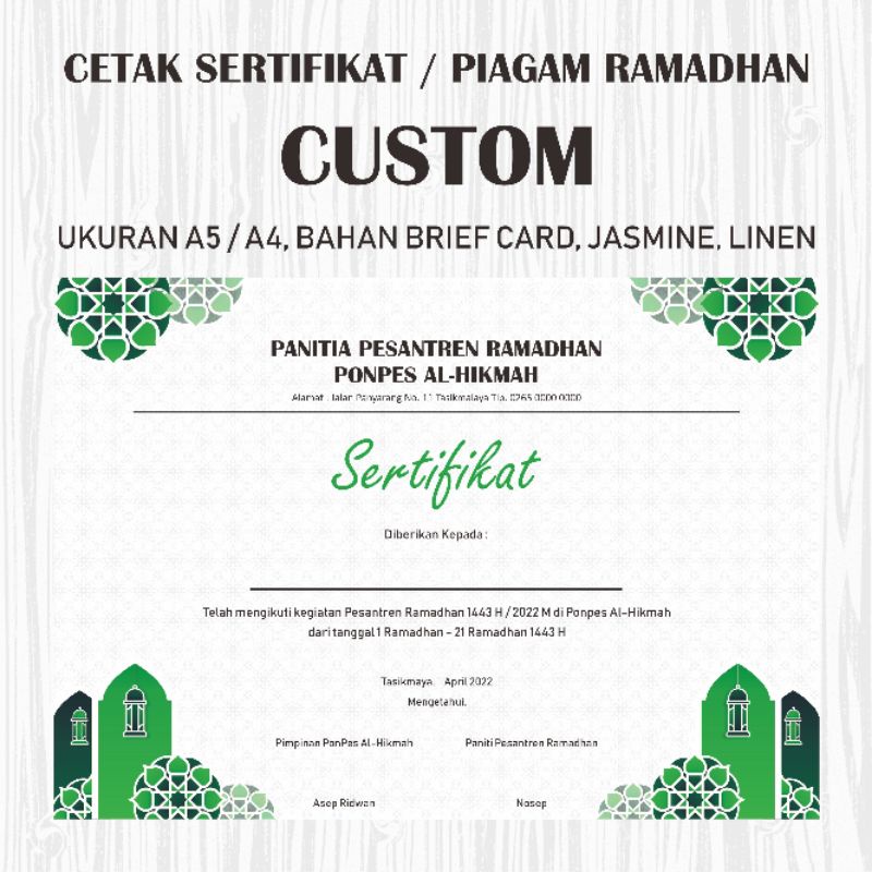 Jual Cetak Sertifikat Sertifikat Custom Sertifikat Sertifikat Ramadhan Cetak Piagam Piagam