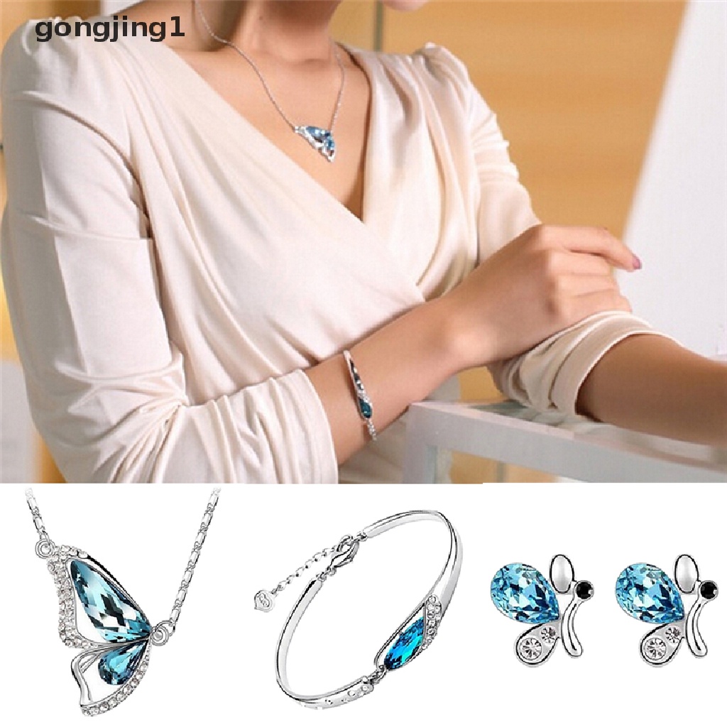 Set Perhiasan Kalung Anting Gelang Kristal Butterfly