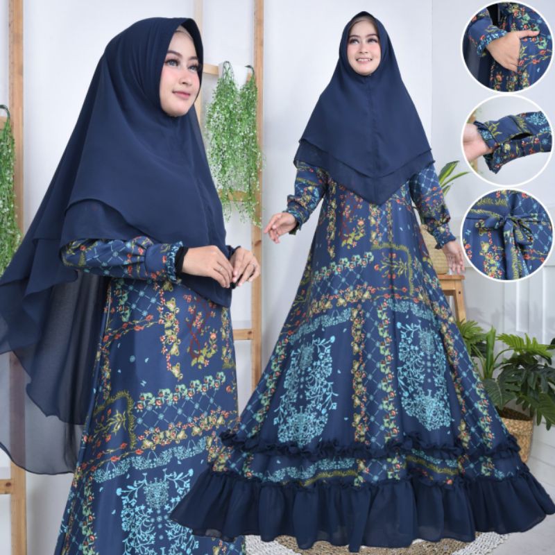 baju gamis rempel motif batik navy