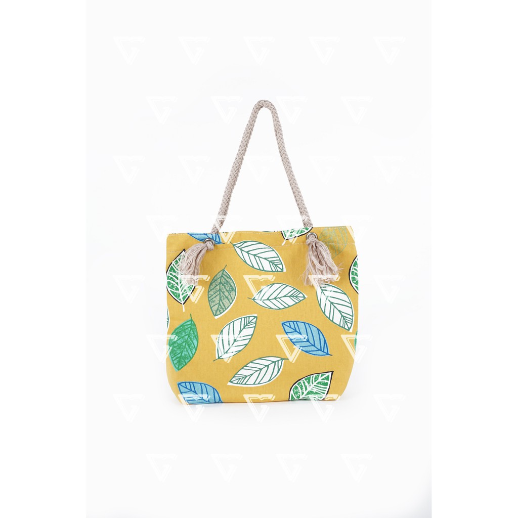 Tote Bag Kanvas Tali Sumbu - Tas Totebag Wanita Talisumbu Kanvas Motif Daun Nangka Kuning