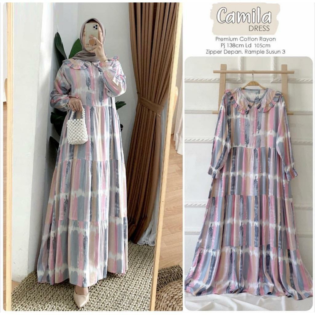 GAMIS MAXI DRESS RAYON PREMIUM LD 100 - 110 HOMEYDRESS BUSUI BAJU GAMIS SERAGAM MOTIF TERBARU V.2-CAMILA DRESS