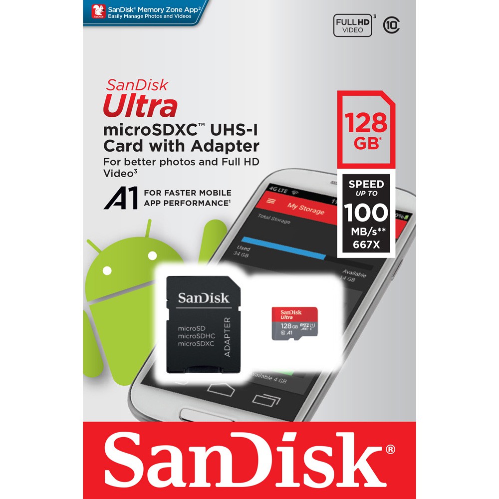 SanDisk Ultra microSDXC Card UHS-I Class 10 A1 (100MB/s) 128GB with SD Card Adapter