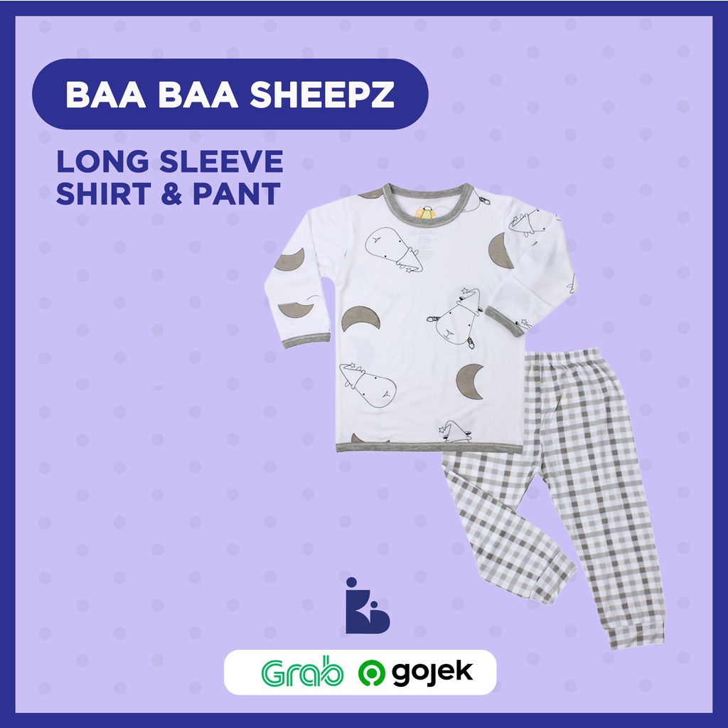 Baa Baa Sheepz Long Sleeve Shirt &amp; Pant - Big Moon &amp; Sheep White/Checkers Grey | Setelan Baju Anak | Setelan Atasan Bawahan