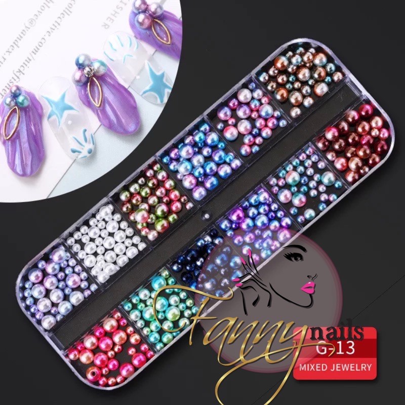 12warna PEARL RAINBOW BEAD MIX SIZE / pearl nailart biji mutiara campur ukuran