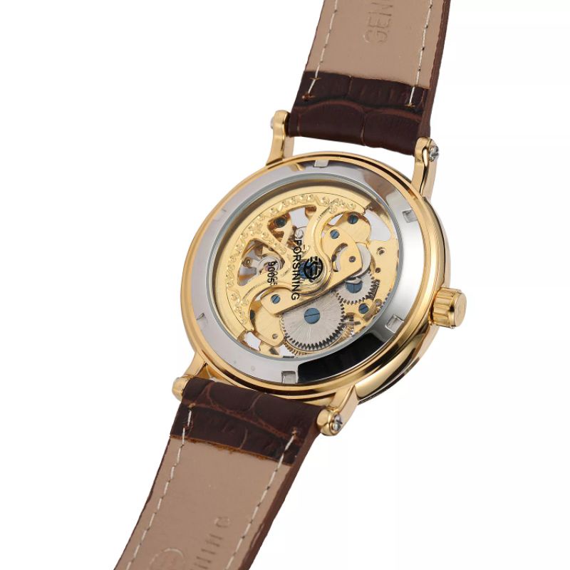 Jam Tangan Forsining Retro Klasik Transparan Automatic Mechanical Golden Luxury Tali Kulit