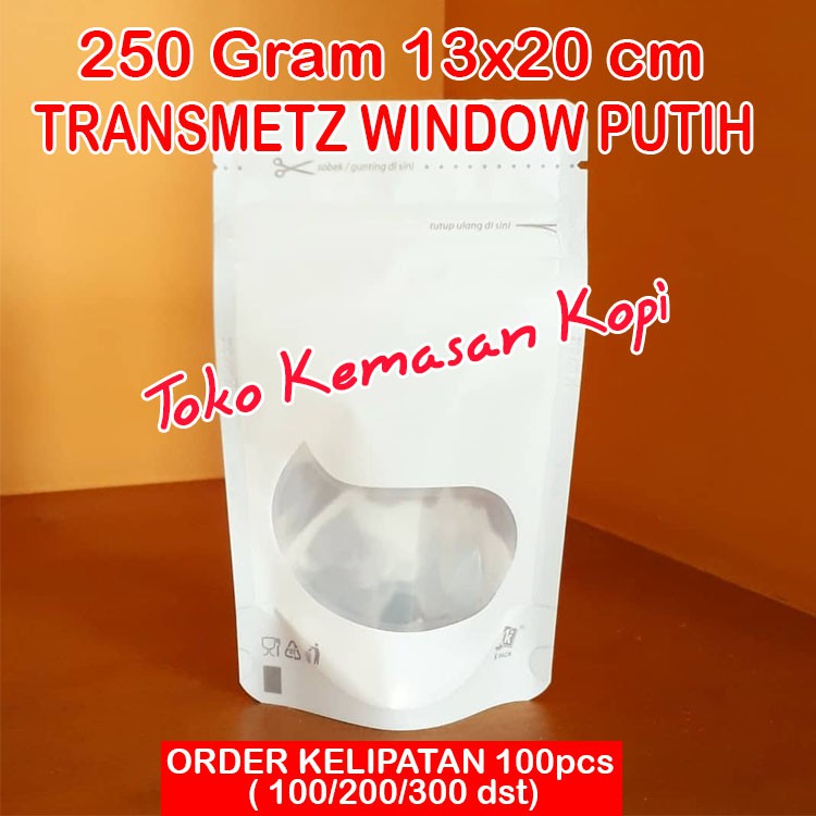 

STANDING POUCH KOMBINASI TRANSMETZ PUTIH 250gr+ZIPPER+WINDOW