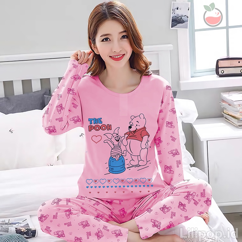 Baju Tidur Celana Panjang Wanita Baby Doll PP Lengan Panjang Bahan Kaos All Size Murah Lilipop