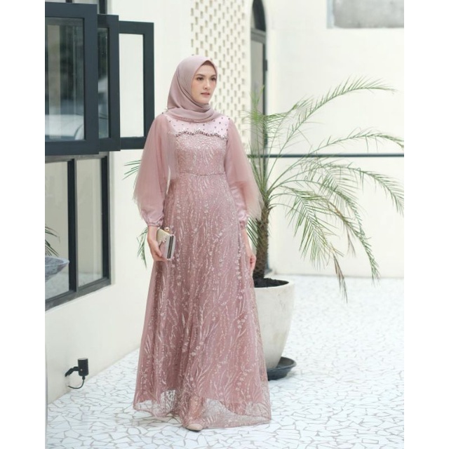 LUNA Dress -  Baju Dress Gamis Kondangan Terbaru Gamis Pesta Mewah 2022 Wanita Syari Busana Muslim Terbaru Modern Maxi Lengan Tutu Jaring Outfit Muslimah Kekinian Model Baru RAYA GAMIS MAXI CEMPAKA AULIA GAMIS TILE TUTU GAMIS BRUKAT Mutiara