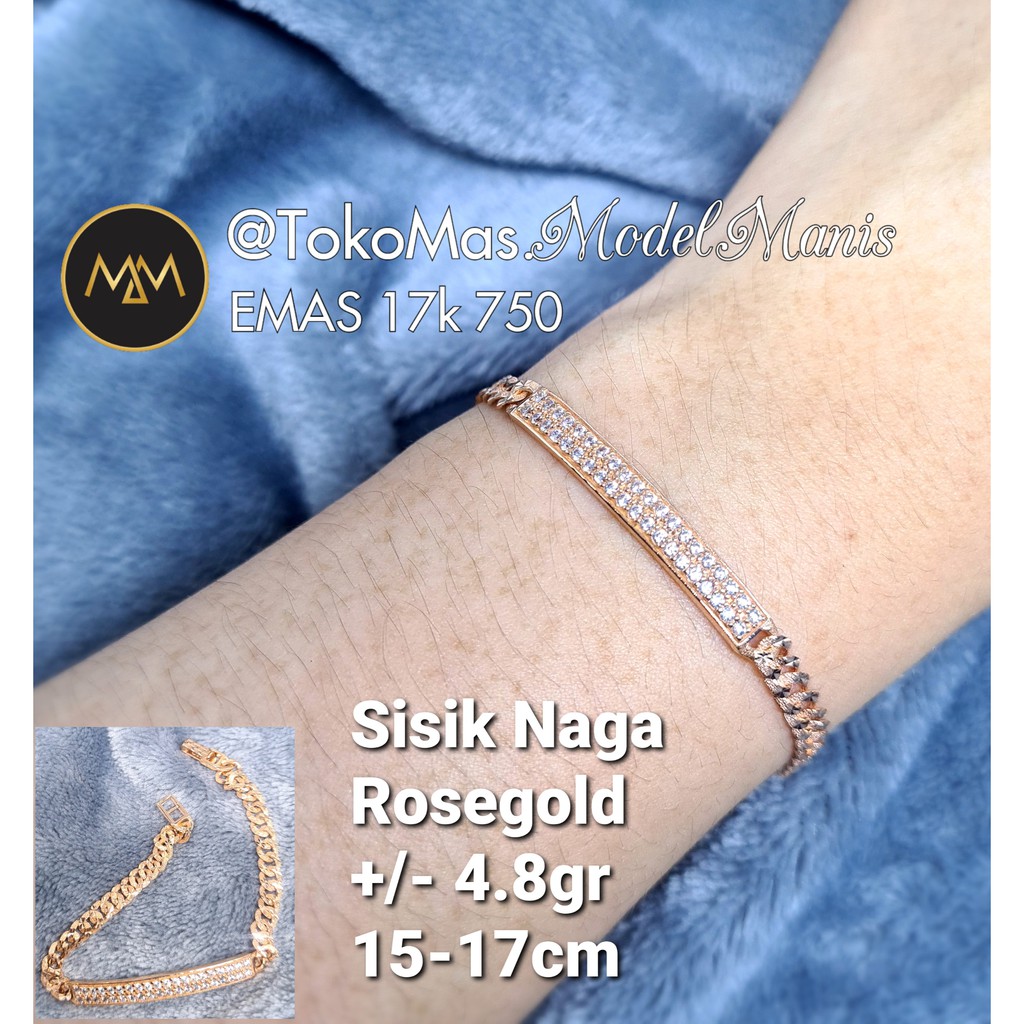 Gelang sisik naga kombinasi plat emas rosegold putih 750 kadar 17K
