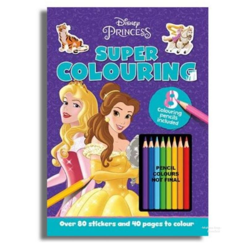 Buku Mewarnai Activity Super Coloring Disney Princess Jasmine Belle Aurora 80 Sticker 8 Pensil Warna