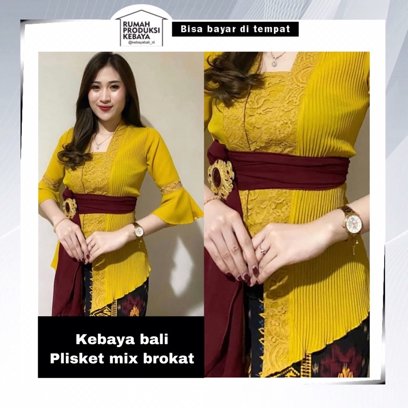 Kebaya Bali Atasan Tradisional Modern Bed Plisket Mix Brokat Lengan Trompet