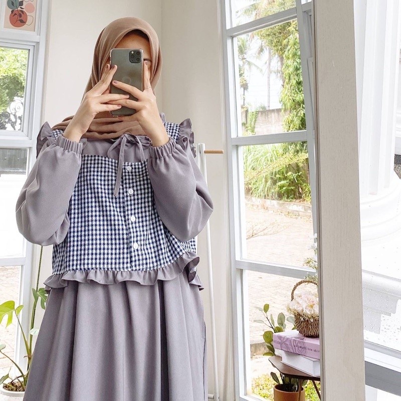 gamis remaja terbaru dress muslim rompi kotak kotak baju muslim murah lala dress