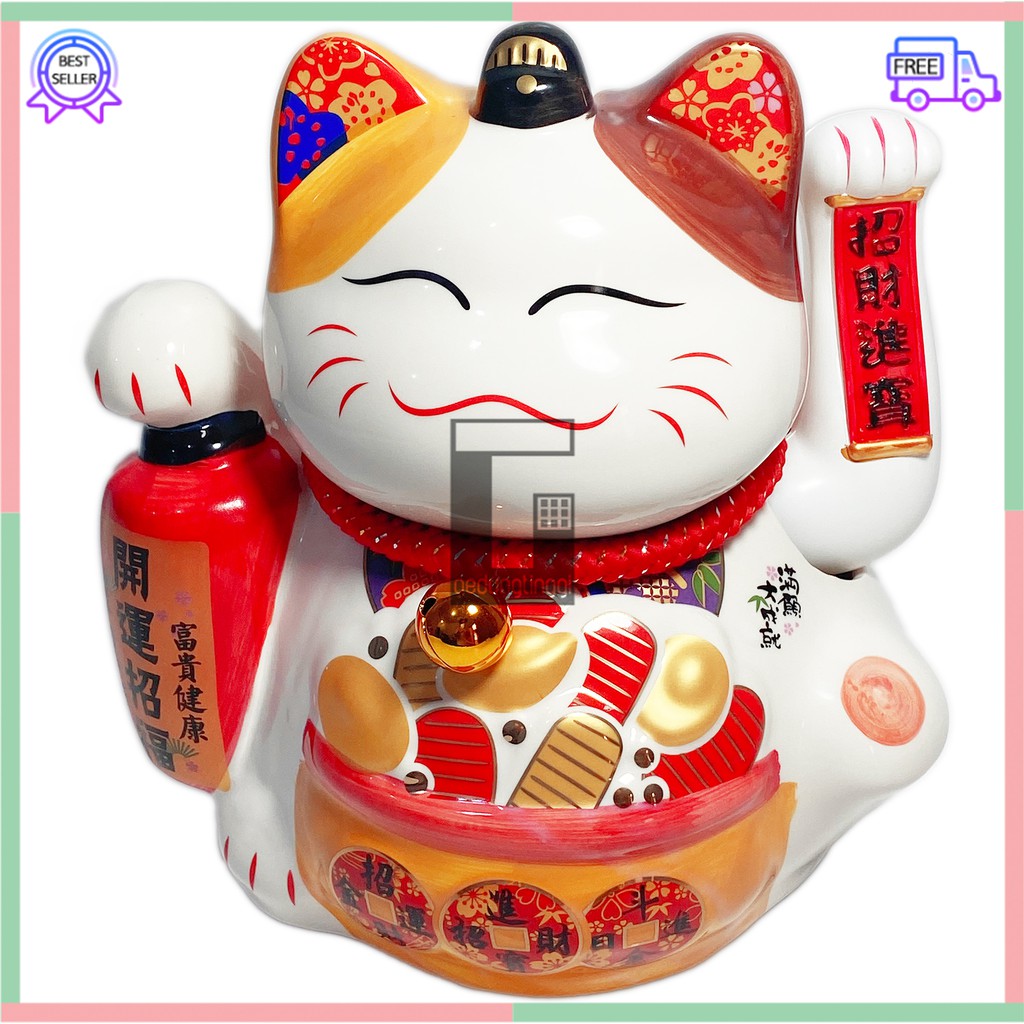 Pajangan Patung Hiasan Boneka Dekorasi Kucing Bawa Panggil Rejeki Rezeki Hoki Maneki Neko Maneko Neki ManekiNeko Lucky Cat Keberuntungan Keramik Putih Baterai Batrai Batre Listrik Tangan Goyang Gerak Meja Etalase Toko Resto Cafe Cina China Jepang Jumbo XL