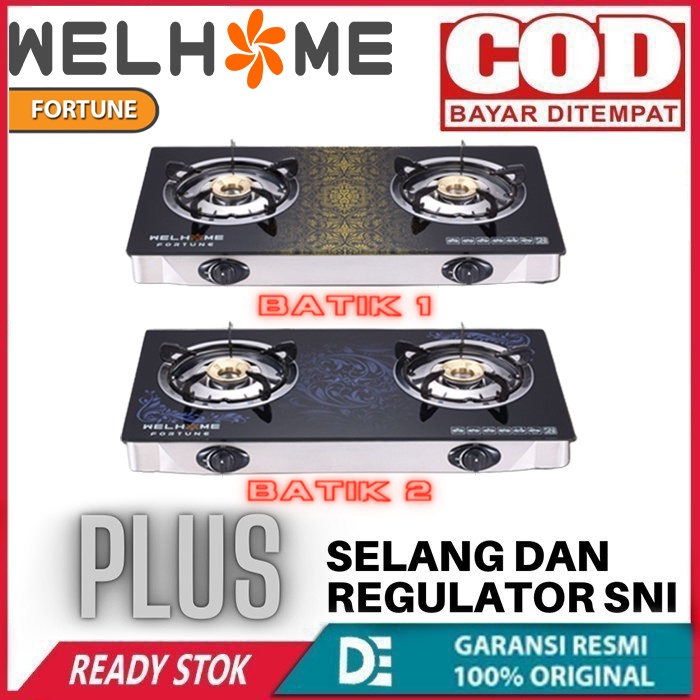 WELHOME KOMPOR GAS 2 TUNGKU KACA MOTIF BATIK FREE SELANG REGULATOR