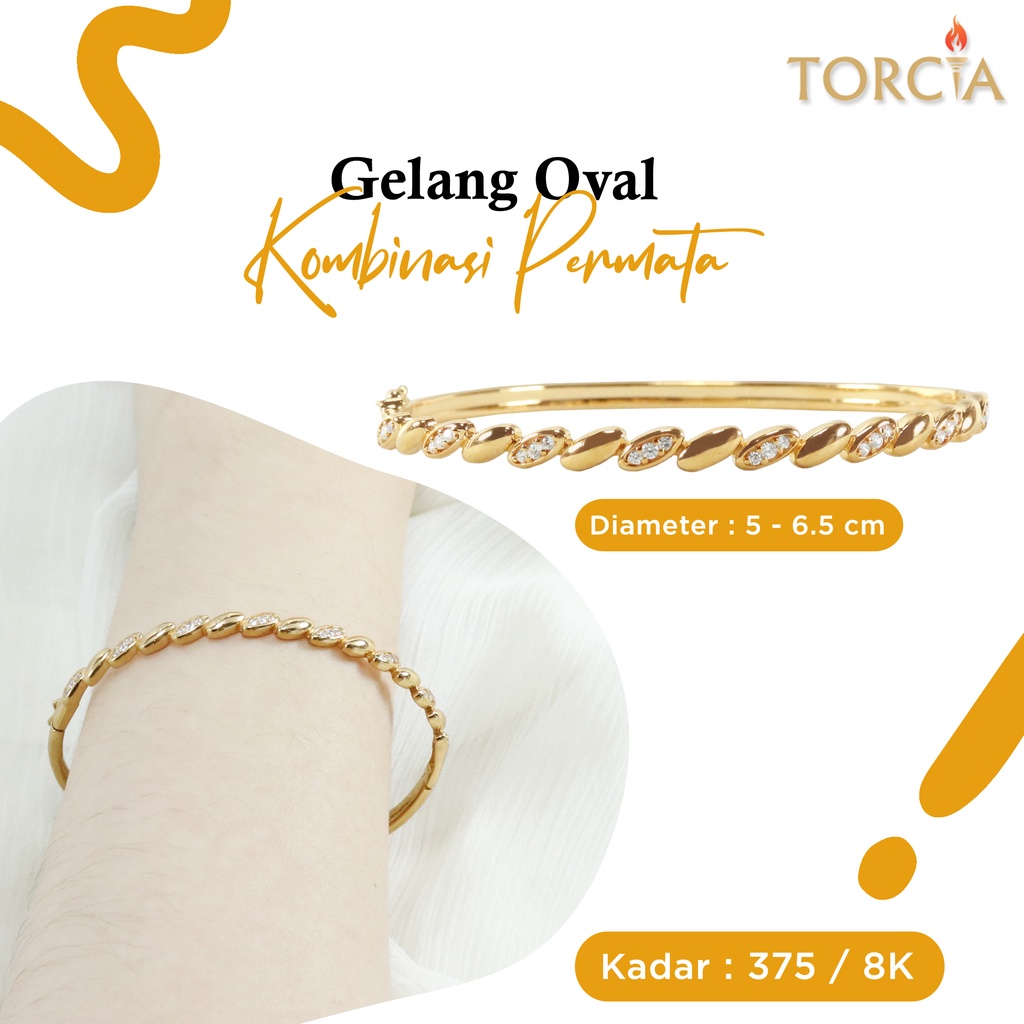Gelang Oval Emas Asli Biji Kombinasi Permata Polos Kadar 375 Torcia