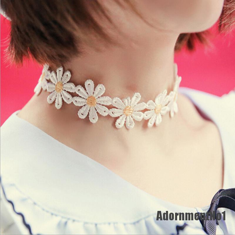 (Adornmentno1) Kalung Choker Lace Bunga Daisy Warna Kuning / Putih Gaya Boho Untuk Wanita