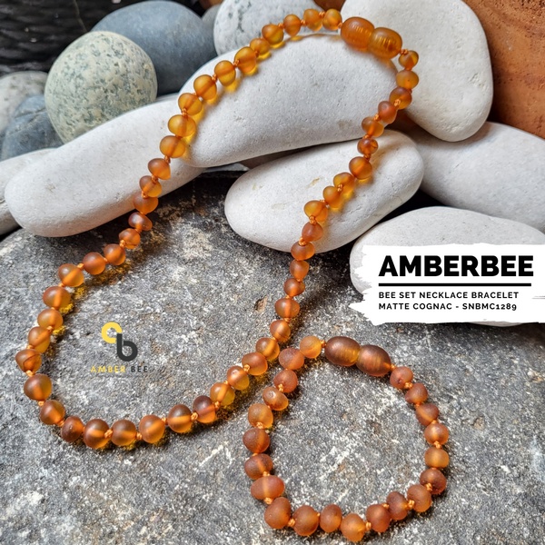 Set Kalung Gelang Amber Anti Sakit Gigi Anak Premium Matte Cognac SNBMC1289 By Amber Bee