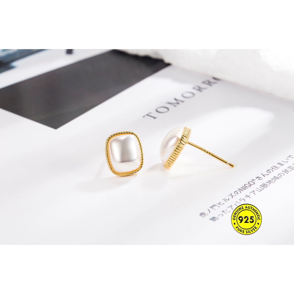 Anting Stud Zircon Mutiara Bentuk Persegi Bahan S925 Silver Gaya Retro Perancis Untuk Wanita