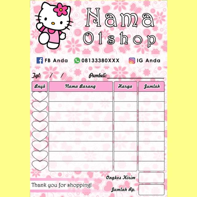 Nota Penjualan Pembelian Toko Olshop Online Shop Karakter Kartun Hello Kitty Lucu Full Color Murah