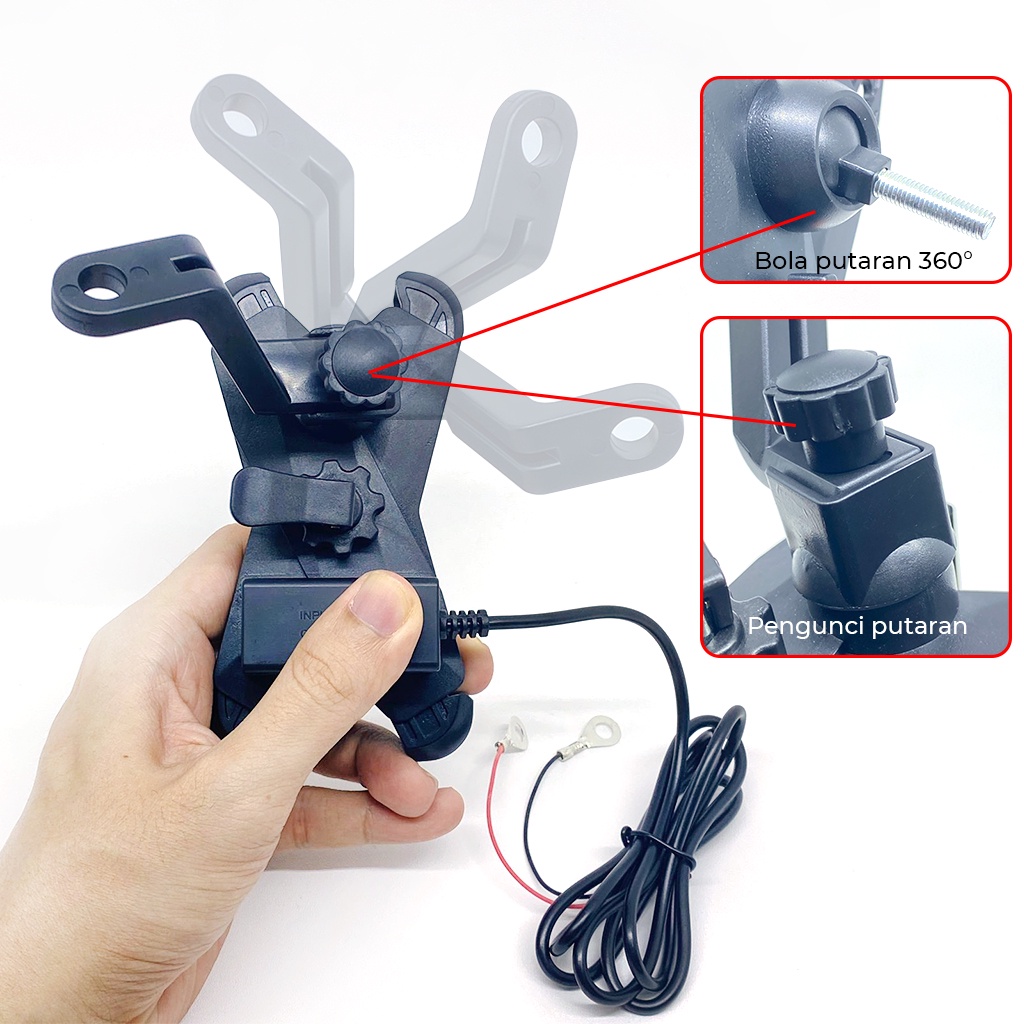 Phone stand holder + USB charger aki tatakan penahan penyangga hp di spion motor stand hanphone anti slip