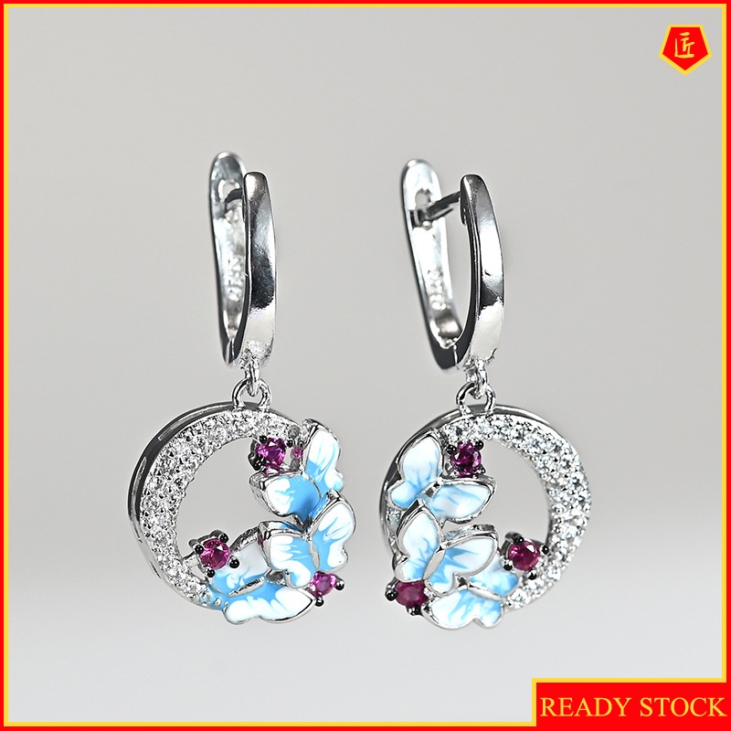 [Ready Stock]New Three Blue Butterfly Earrings Full of Diamonds Exquisite Luxury