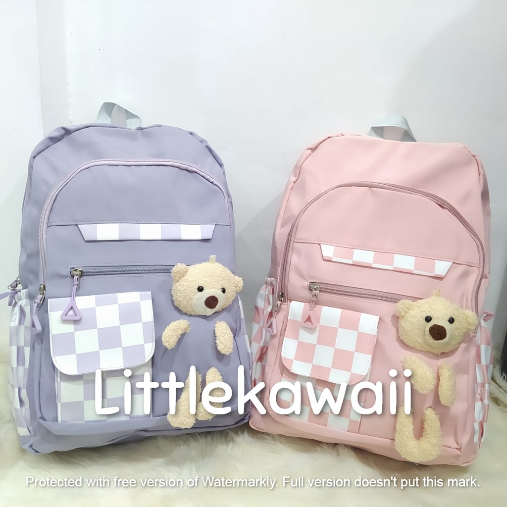 LK/Tas Ransel Laptop Backpack Parasut Sekolah Fashion Korean Style Anak Remaja Kantong Boneka Bear Square Import